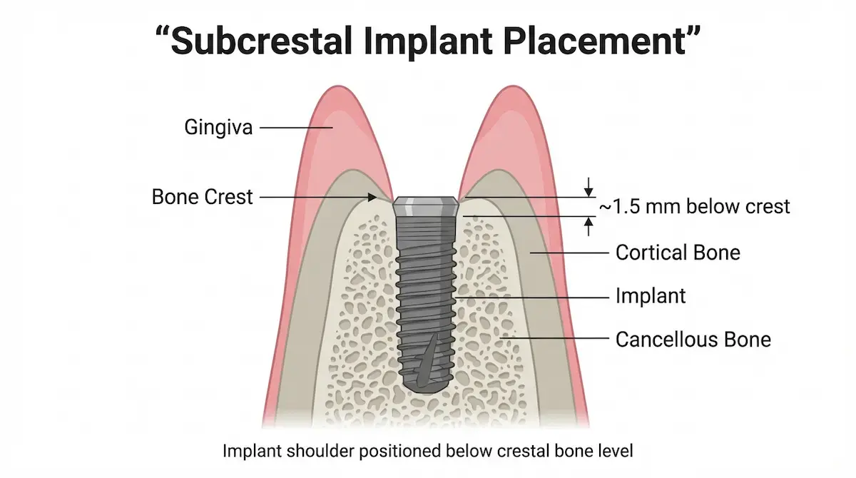 This diagram explains subcrestal implant placement, showing why positioning the implant ~1.5 mm below the bone crest supports stability, soft tissue adaptation, and long-term outcomes.